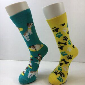 Unisex Crew Socks Set 2 Dog Pawprints Bones Pattern Green Yellow Brown White